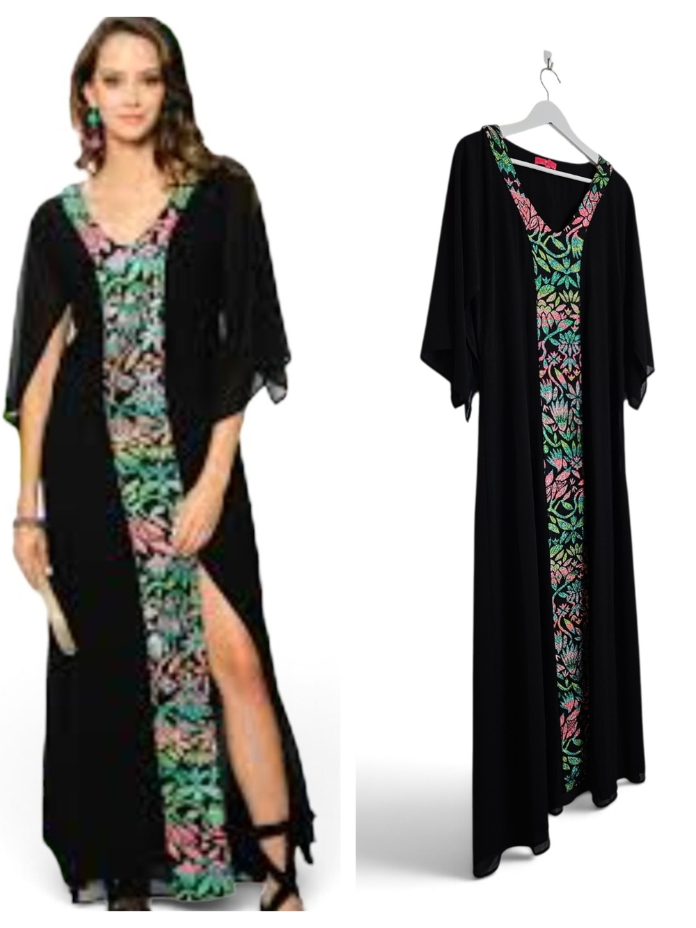 Elaine Turner Maxi Dress M Tia Embroidered Floral Boho Caftan Black Multicolor